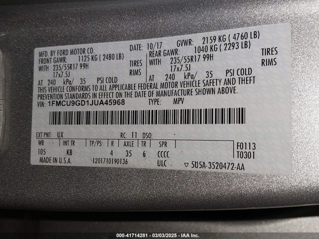 Ford ESCAPE SE 2018 1FMCU9GD1JUA45968 Image 9