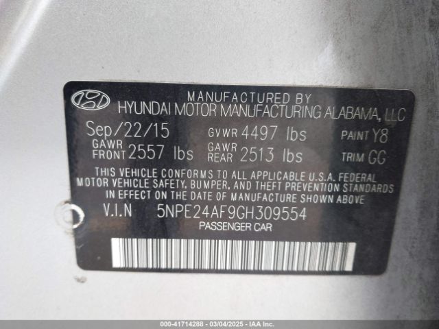 5NPE24AF9GH309554 Hyundai SONATA SE