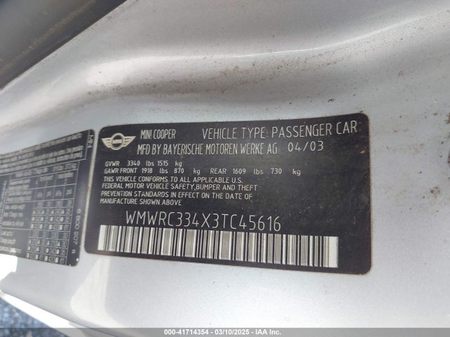 2003 MINI COOPER WMWRC334X3TC45616 Photo 8