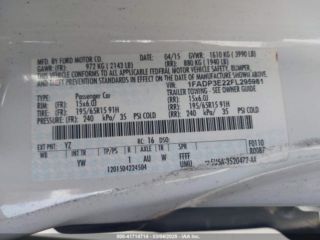 1FADP3E22FL295981 Ford FOCUS S
