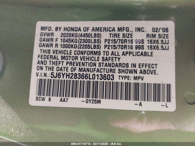 41714718 :رقم المزاد ، 5J6YH28366L013603 vin ، 2006 Honda Element Lx مزاد بيع