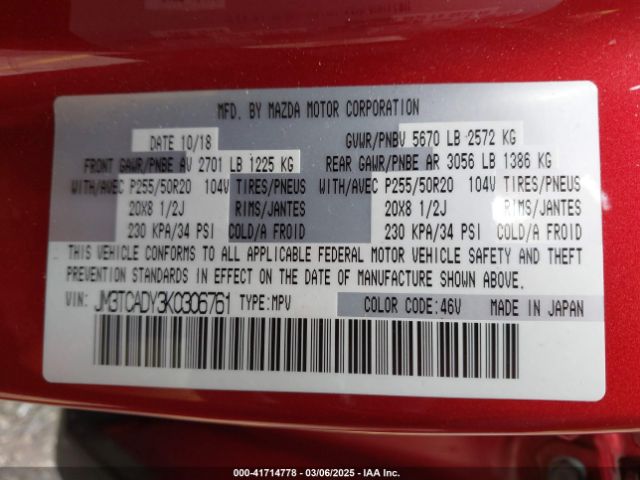 JM3TCADY3K0306761 Mazda Cx-9 Grand Touring