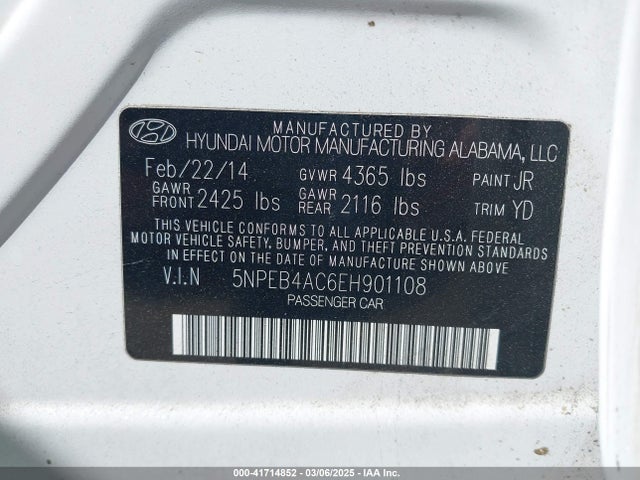 5NPEB4AC6EH901108 Hyundai SONATA GLS