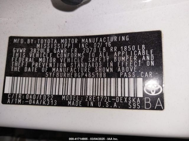 5YFBURHE8GP465188 Toyota Corolla S Plus