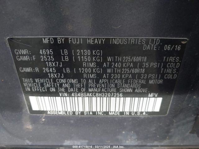 4S4BSAKC8H3207256 Subaru Outback 2.5i Limited