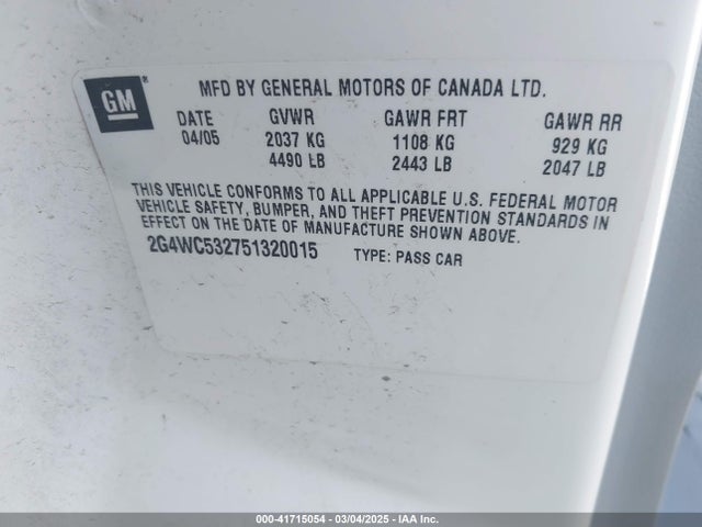 41715054 :رقم المزاد ، 2G4WC532751320015 vin ، 2005 Buick Lacrosse Cx مزاد بيع