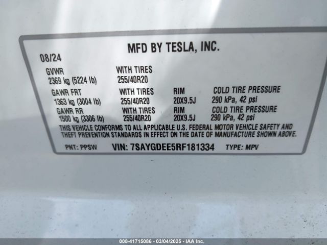 7SAYGDEE5RF181334 Tesla Model Y Long Range Dual Motor All-wheel Drive