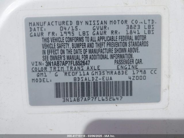 3N1AB7AP7FL652647 Nissan Sentra Fe+ S/s/sl/sr/sv