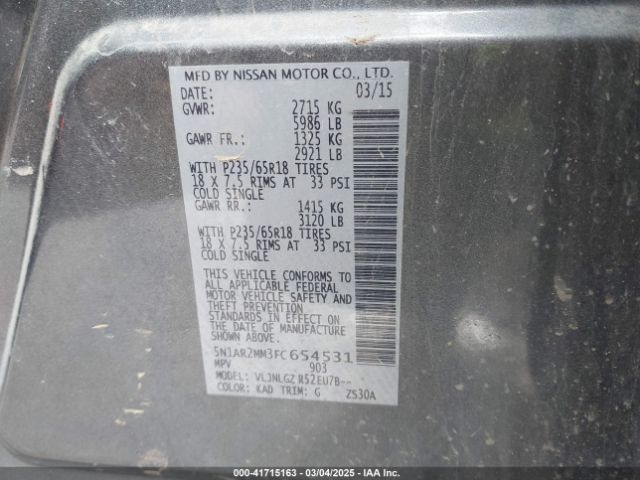 5N1AR2MM3FC654531 Nissan Pathfinder Sl