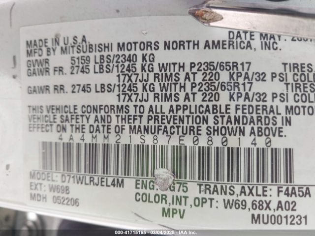 2007 MITSUBISHI ENDEAVOR 4A4MM21S87E080140 Photo 8