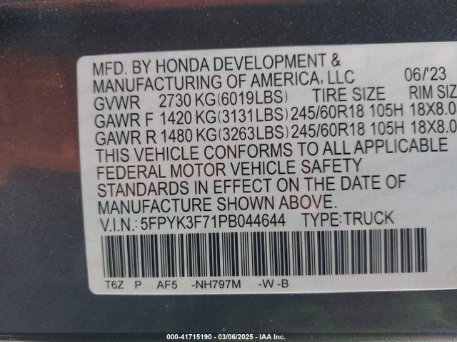 5FPYK3F71PB044644 Honda Ridgeline Rtl-e