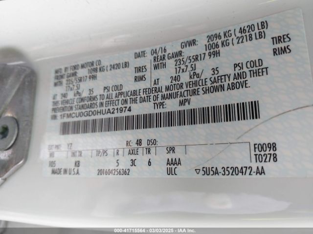 1FMCU0GD0HUA21974 Ford ESCAPE SE