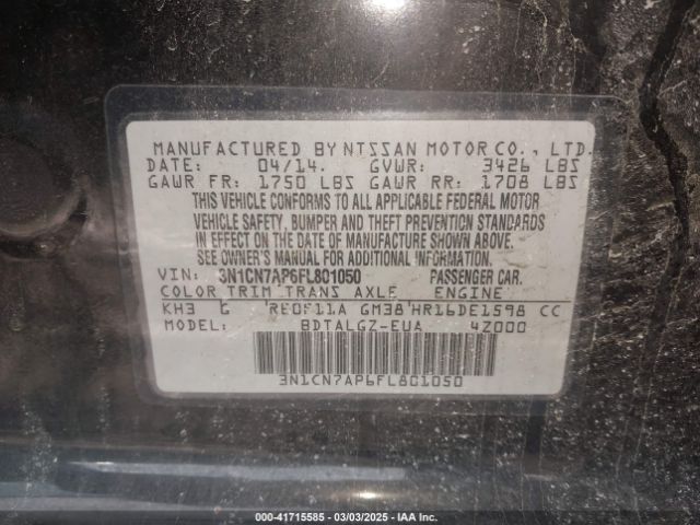 3N1CN7AP6FL801050 Nissan Versa 1.6 Sl