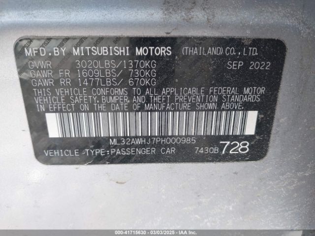 ML32AWHJ7PH000985 Mitsubishi Mirage Black Edition/ralliart/se