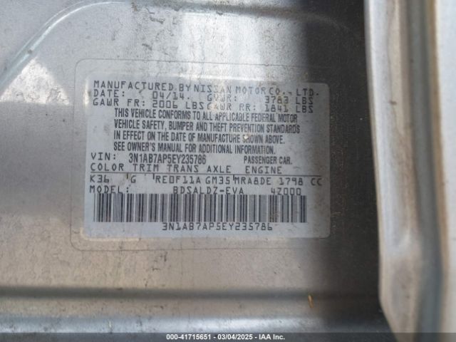 3N1AB7AP5EY235786 Nissan Sentra Fe+ S/fe+ Sv/s/sl/sr/sv