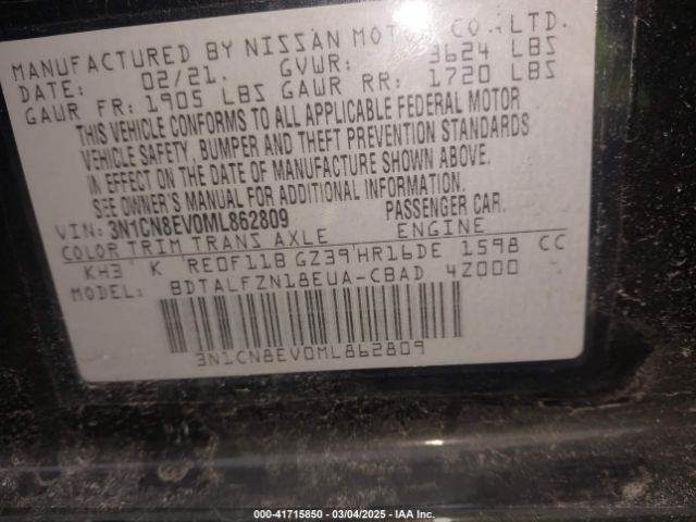 3N1CN8EV0ML862809 Nissan Versa Sv Xtronic Cvt