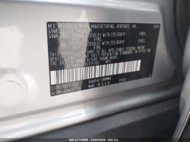 4T3RWRFV1RU134165 Toyota Rav4 Hybrid Xle