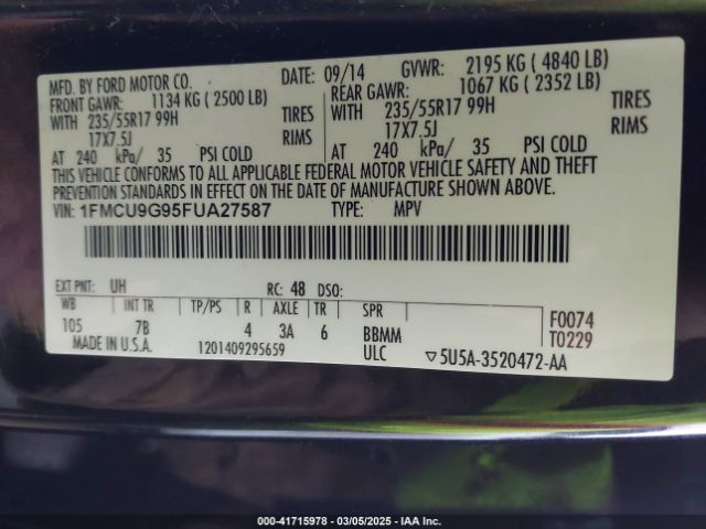 1FMCU9G95FUA27587 Ford ESCAPE SE