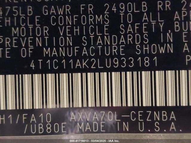 4T1C11AK2LU933181 Toyota CAMRY LE