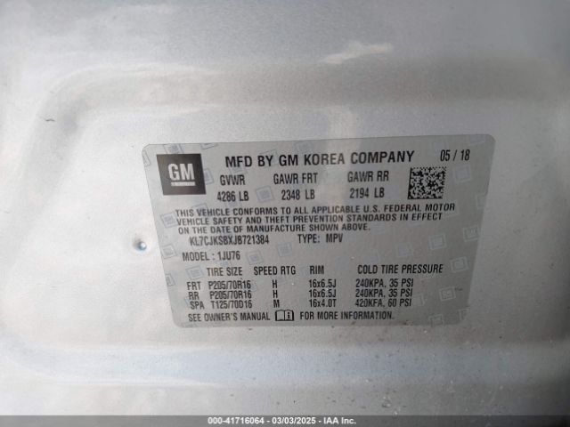 KL7CJKSBXJB721384 Chevrolet TRAX LS