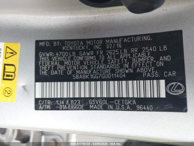 58ABK1GG7GU011404 Lexus ES 350