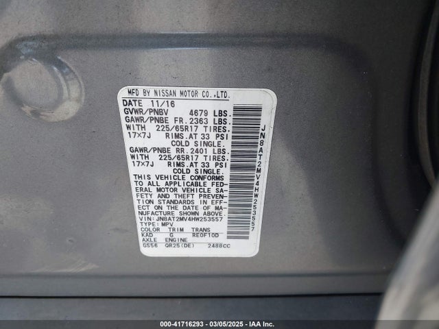 JN8AT2MV4HW253557 Nissan ROGUE S