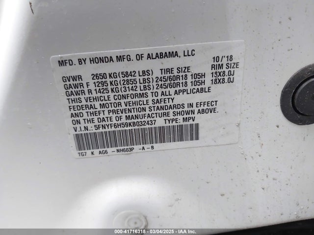 5FNYF6H59KB032437 Honda Pilot Ex-l