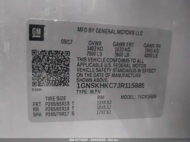 1GNSKHKC7JR115885 Chevrolet Suburban Lt