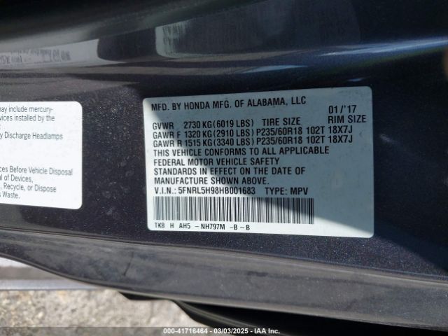 5FNRL5H98HB001683 Honda Odyssey Touring/touring Elite