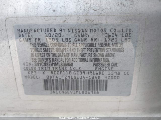 3N1CN8EV1ML806958 Nissan Versa Sv Xtronic Cvt