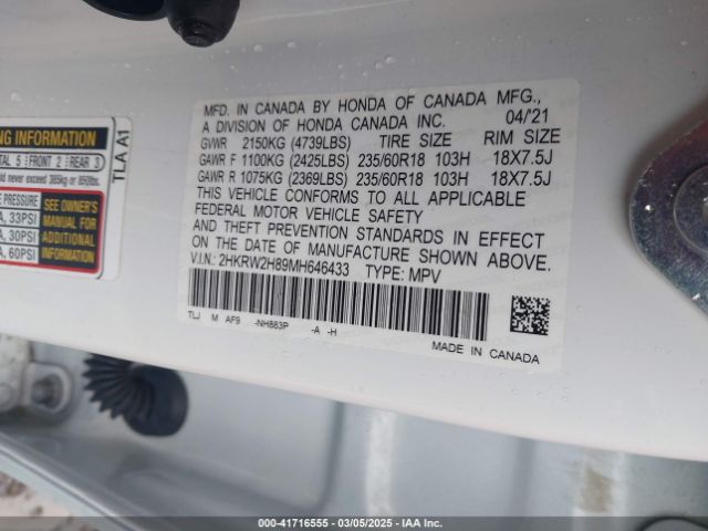 2HKRW2H89MH646433 Honda Cr-v Awd Ex-l