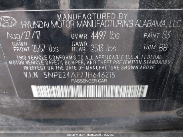 5NPE24AF7JH646215 Hyundai SONATA SE
