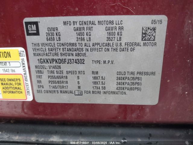 1GKKVPKD6FJ374302 GMC Acadia Sle-2