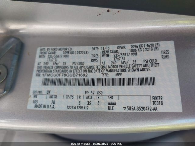 1FMCU0F78GUB71602 Ford ESCAPE S