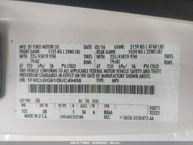 1FMCU0G91GUC49458 Ford ESCAPE SE