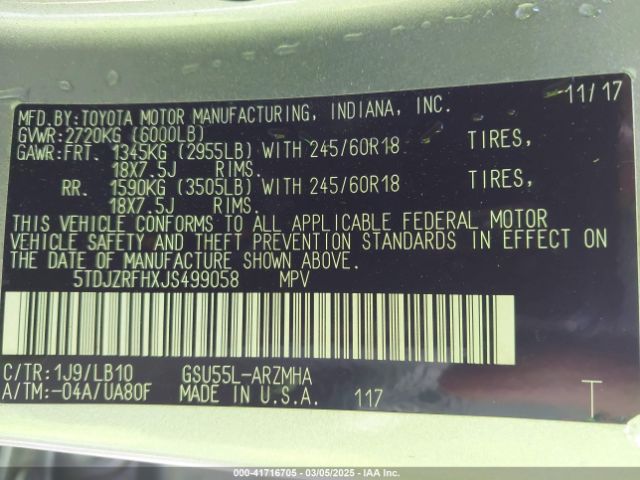5TDJZRFHXJS499058 Toyota Highlander Xle