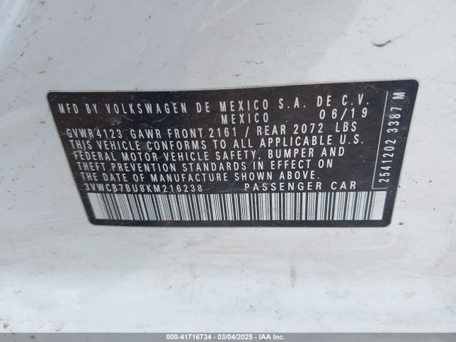 3VWCB7BU8KM216238 Volkswagen Jetta 1.4t R-line/1.4t S/1.4t Se