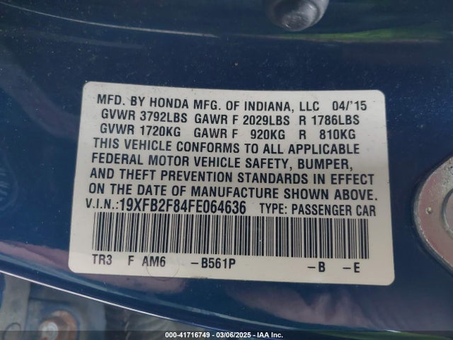 Honda CIVIC EX 2015 19XFB2F84FE064636 Image 9