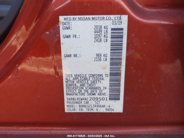 1N4BL4CW4KC209501 Nissan Altima 2.5 Sr