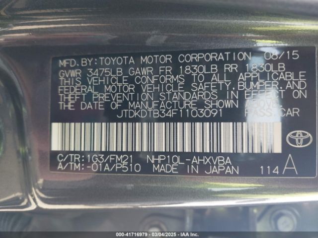 JTDKDTB34F1103091 Toyota Prius C Two