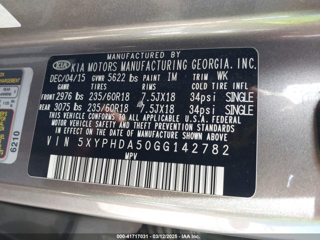 5XYPHDA50GG142782 KIA Sorento 3.3l Ex