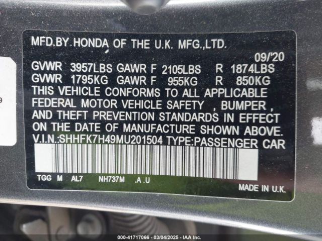 SHHFK7H49MU201504 Honda Civic Sport