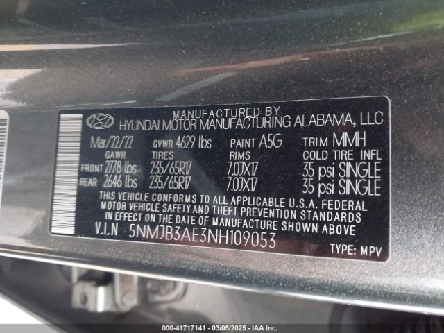 5NMJB3AE3NH109053 Hyundai TUCSON SEL