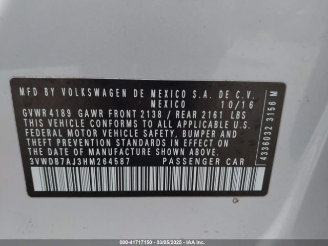 3VWDB7AJ3HM264587 Volkswagen Jetta 1.4t Se