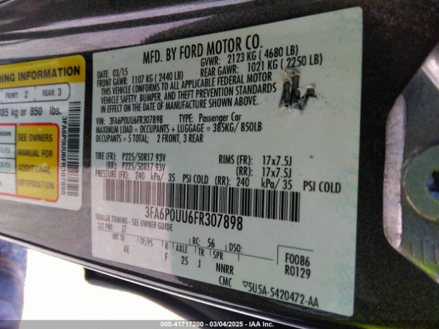 3FA6P0UU6FR307898 Ford Fusion Hybrid S
