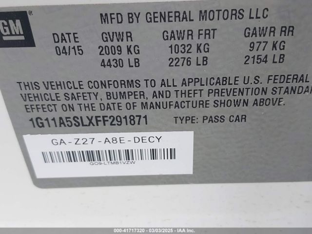 1G11A5SLXFF291871 Chevrolet Malibu 1fl