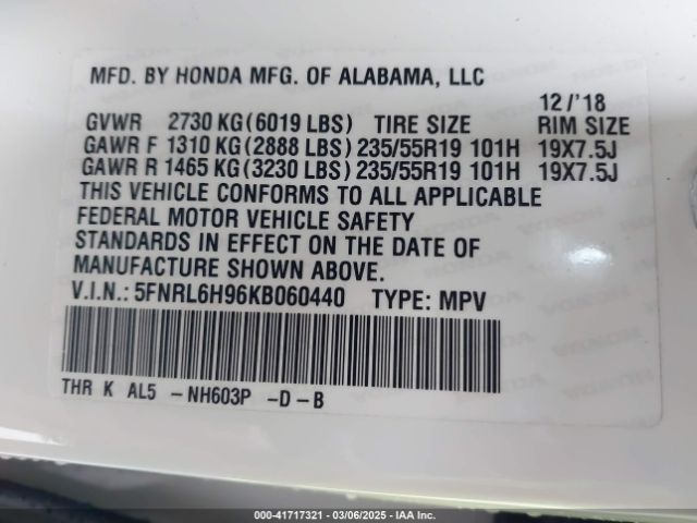 5FNRL6H96KB060440 Honda Odyssey Elite