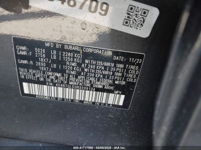 4S4BTGLD3R3209134 Subaru Outback Onyx Edition Xt