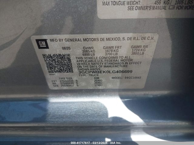 3GCPWBEK0LG406699 Chevrolet Silverado 1500 2wd  Short Bed Custom
