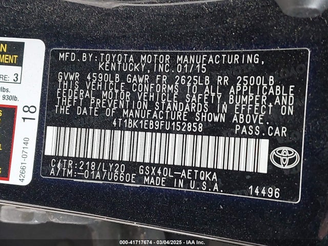 4T1BK1EB9FU152858 Toyota Avalon Xle Touring Se